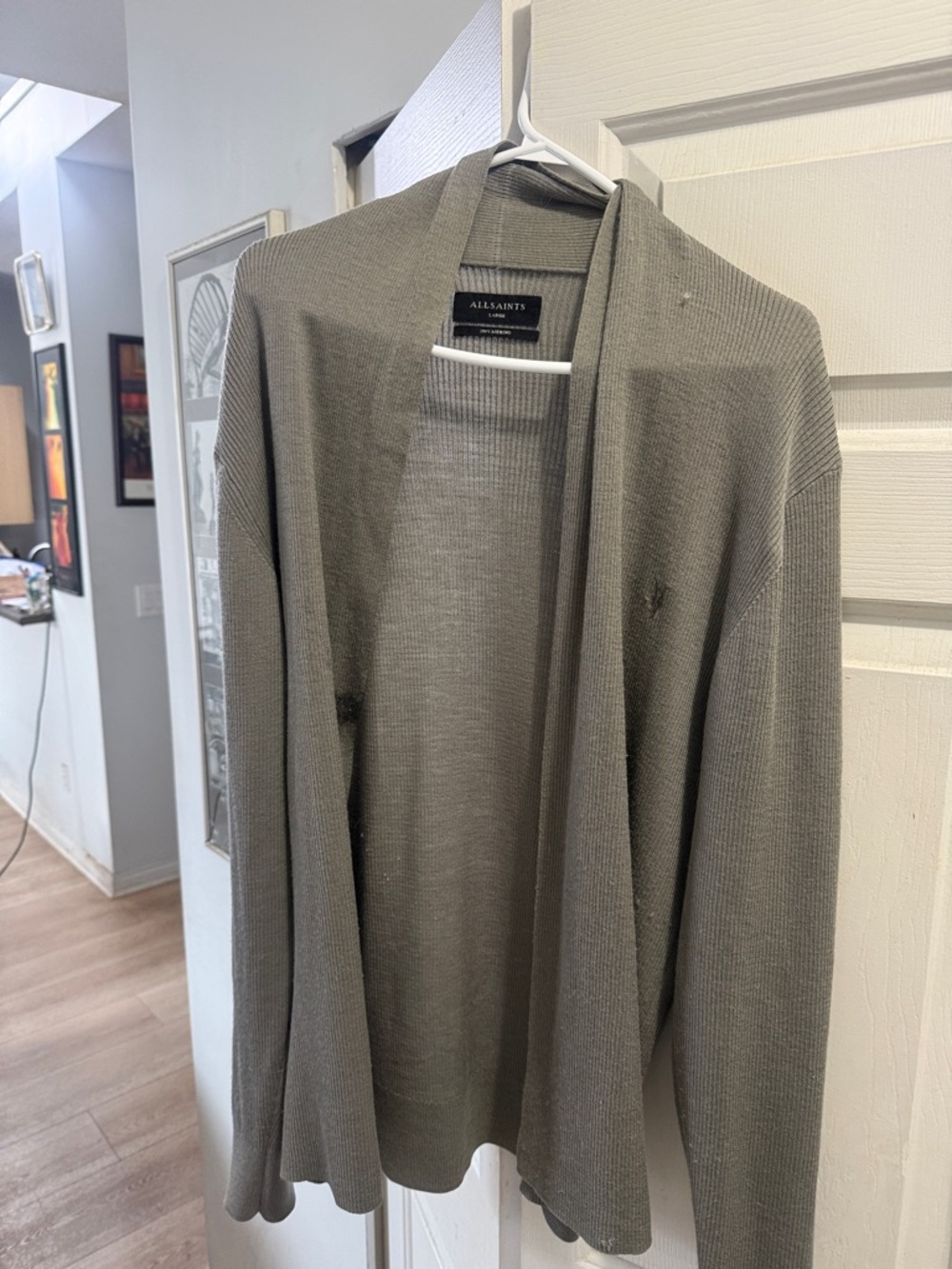 AllSaints Merino Ribbed Cardigan in Olive